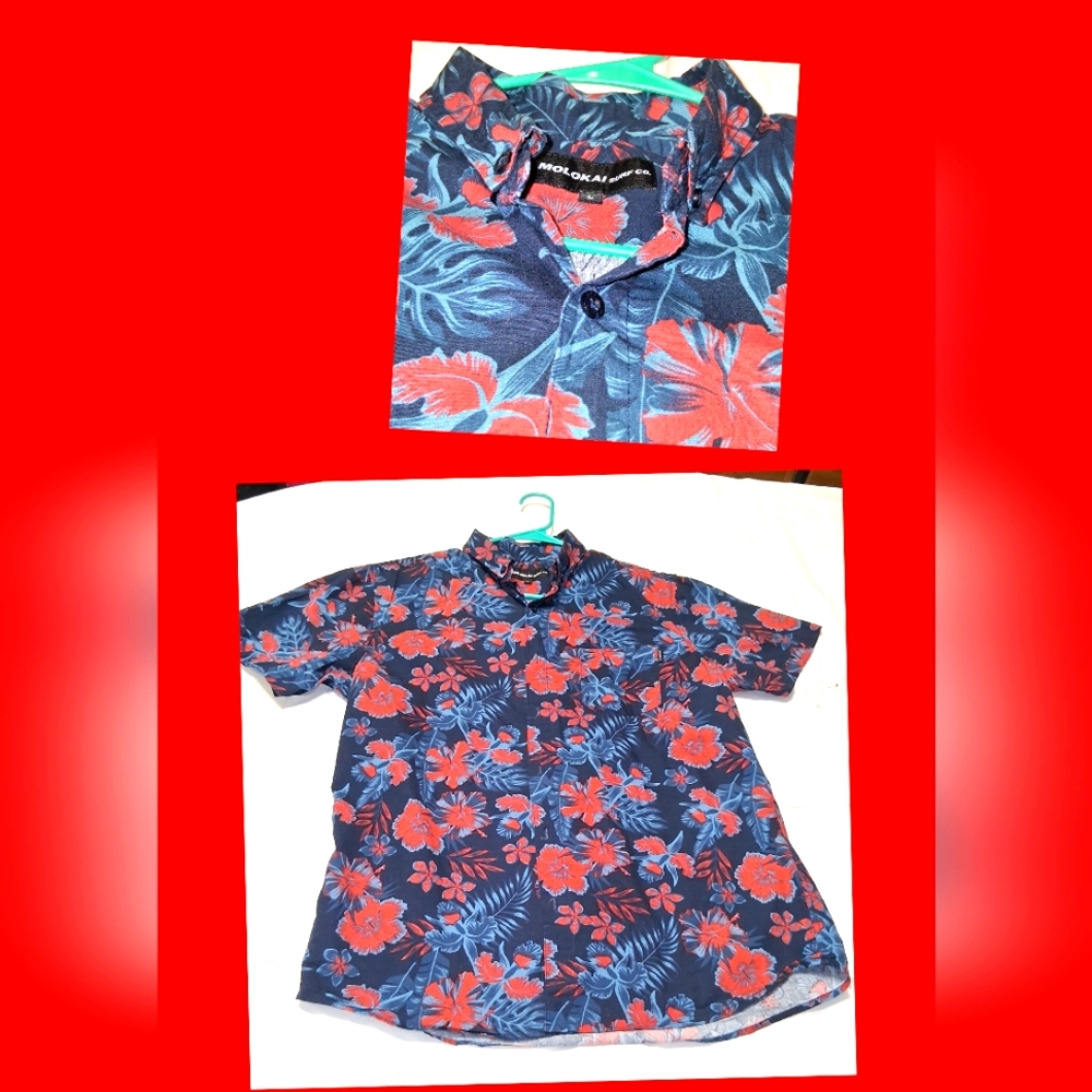 Molokai Men's Floral Casual Button Down Shirt - Blue and Red